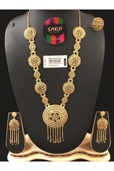 Generic Gold Plated Long Medallion Necklace Set with Dangle Fringe, Earrings & Ring (4 Pcs)