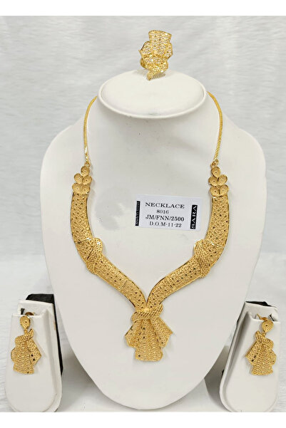 Generic Gold Plated Wide Floral Choker: Layered Petals, Netted Band, Earrings & Adjustable Ring Set