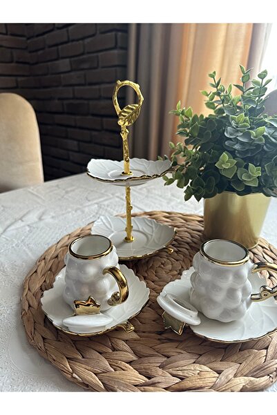 AHLE HOME beyaz Üzümlü 2 kişilik Kahve fincanı ve 2 katlı lokumluk Porselen T...
