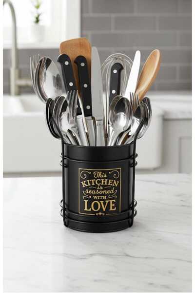 Home Tezgah Üstü Gold Yazılı Dekoratif Metal Kaşıklık Çatallık Büyük Boy Siya...