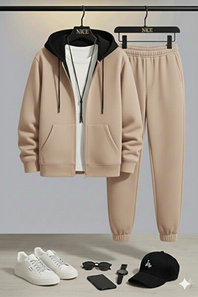 NİCE Men's Zippered Hooded Tracksuit Set | Relaxed Fit,Sportswear,Casual Combination,Cardigan with Pockets-Jogger Bottom