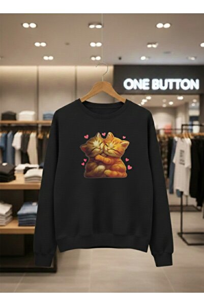 one button Hanorac unisex cu design special cu gâtul în formă de O, cu pisici...