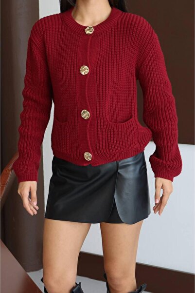 louyan fashion Women's Gold Buttoned Thick Knit Patterned Round Neck Cardigan