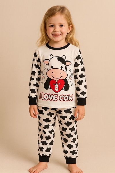 MixMax Bebe Unisex Kalpli İnek Baskılı Uzun Kollu Alt Üst Pijama Takımı %100 Pamuklu