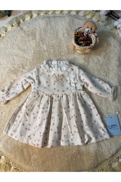 UrazBebe Bebek Kız Çiçekli Elbise | Uzun Kollu | Bebe Yaka | Fiyonk Detaylı
