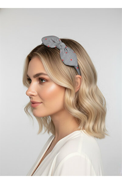 Pelin Aksesuar تاج مزخرف بخطوط رمادية ونقاط مع فيونكة