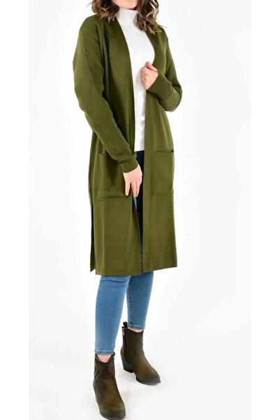 Vaniza Long Knit Cardigan with Slit Detail and Double Pockets