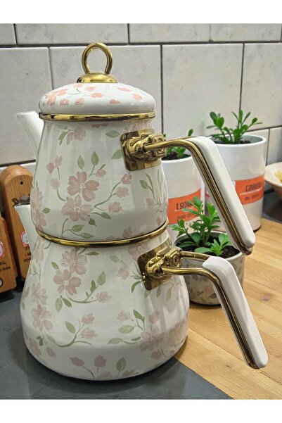 Pak Home Zarif Desenli, Altın Gold Kulplu Emaye Çaydanlık Takımı (1L + 2L)