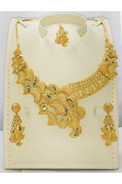 Generic Gold Plated Layered Ribbon Choker Necklace, Earrings & Ring Set (4 Pcs) for Women