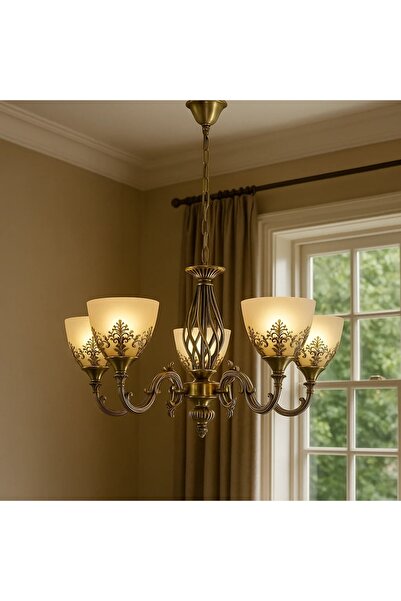 OEM Vintage Chandelier with 5 Arms Antique Gold Finish Dornelia