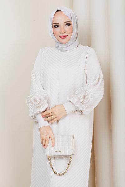 Pamuk Butik Kadın Kolu Gül Detaylı Merserize Triko Elbise