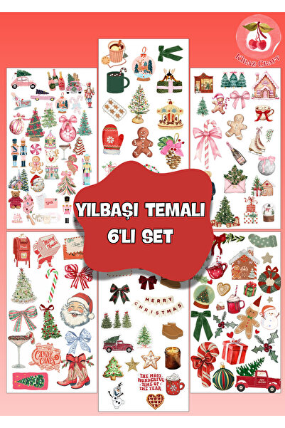 Kiraz Craft Yılbaşı Süsü Temalı 6'lı Sticker Set - Etiket Ajanda Tablet Lapto...