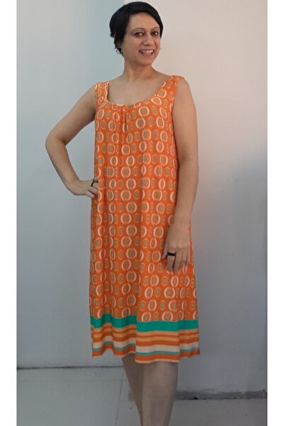 Mertcan Butik Orange Green Patterned Front and Back Gathered Strap Combed Viscose Dress