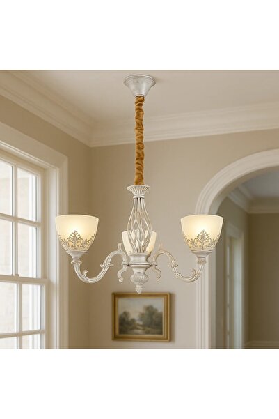 OEM Candelabru Vintage cu 3 Brațe Finisaj Alb Antichizat Design Ornamental cu Abajururi Mate Dorellin