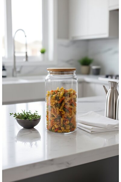 ÖZ HOME Vacuum Bamboo Lid Glass Storage/Organization Jar 1400 ml