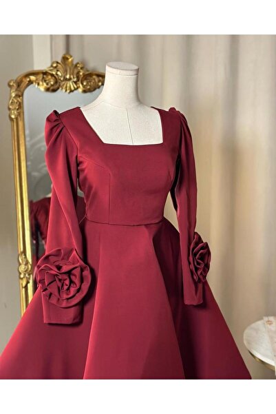 vanus fashion فستان عنابي باكمام طويلة مزينة بالورد 5571