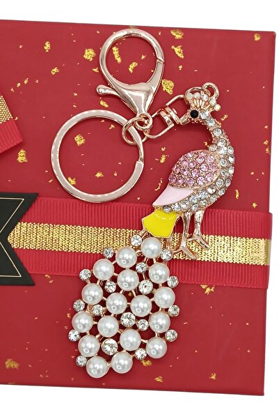 Dünyadan Hediyeler Crystal Stone Pink Peacock Keychain No.1