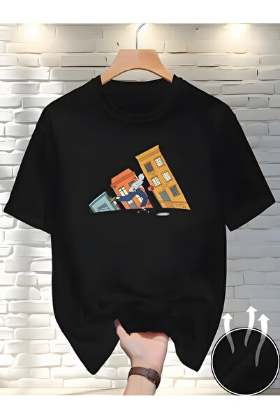 Printiva تي شيرت Zenrova للجنسين قصة فضفاضة ADİ RUN B مطبوع مصنوع من القطن برقبة دائرية وأكمام قصيرة باللون الأسود