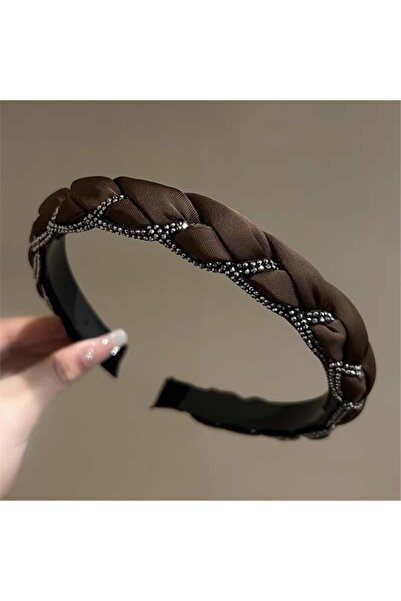 Pelin Aksesuar Kahverengi Saten Örgü Arası Taş Şeritli Taç