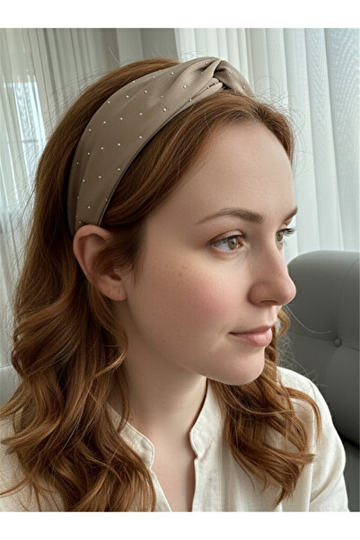 Pelin Aksesuar Vizon Rengi Taş İşlemeli Düğümlü Kumaş Taç