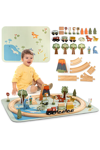 mamabrum Dino Park wooden train with non-slip mat - dinosaurs, train, tracks, volcano, bell