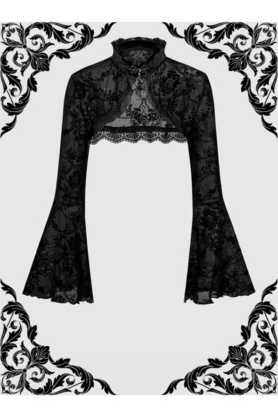 Mournbelle Gotik / Vintage Desenli Premium Kalite Kadife ve Tül Bolero