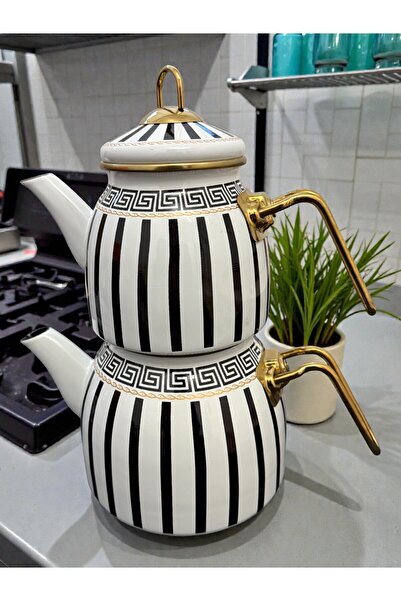 Pak Home Zarif Desenli, Altın Gold Kulplu Emaye Çaydanlık Takımı (1L + 2L)