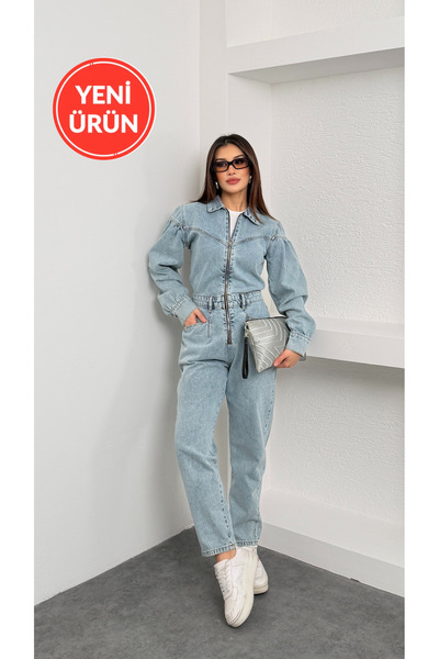 Perryes Women's Light Blue Denim Jumpsuit |   Long Sleeve Zippered Jean Jumpsuit
