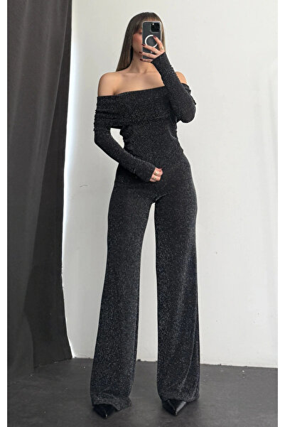 AYKA WEAR Simli Madonna Yaka Bluz ve Pantolon Takım