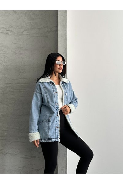 SOLİS MODA Kadın Mavi Denim Detaylı Peluş Ceket Mont