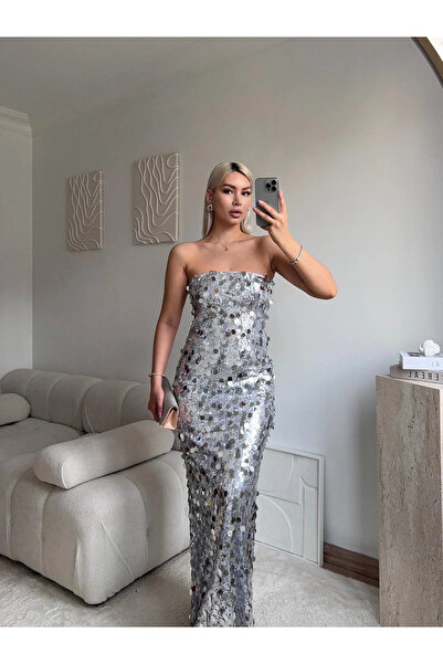 Zora Butik Straplez Pullu Elbise - GÜMÜŞ