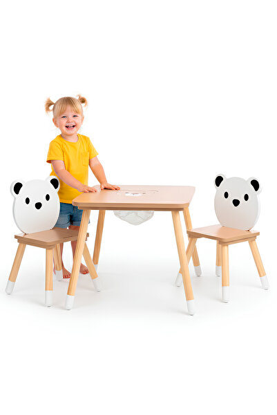 mamabrum Masă din lemn cu depozitare și 2 scaune Set pentru copii - Ursuleț de pluș drăguț