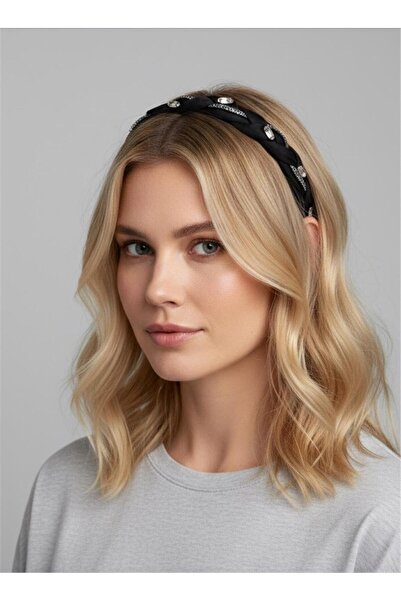 Pelin Aksesuar Siyah Tül Kumaş Kristal Taş İşlemeli Örgü Taç