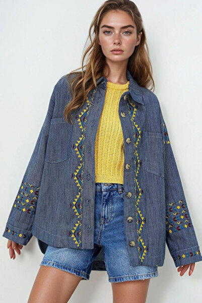 bacc Jachetă cămașă O supradimensionat din gabardină brodată, albastru bleuma...