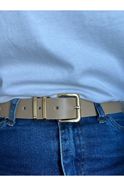 Eksibir Gold Tokalı Bej Rengi Kadın Kemeri Elbise Kemeri Pantolon Kemeri