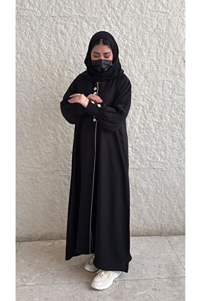Elena عباية حلا كريب فاخر بأزرار لؤلؤية – Black Elegant Abaya with Pearl Butt...