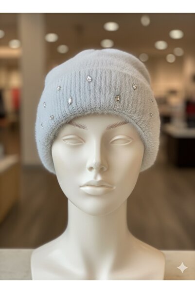 Store Kışlık bere Gri Angora taşlı bere şapka
