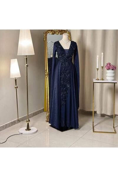 vanus fashion 6279 ~فستان كحلي بتطريز لامع وأناقة فاخرة