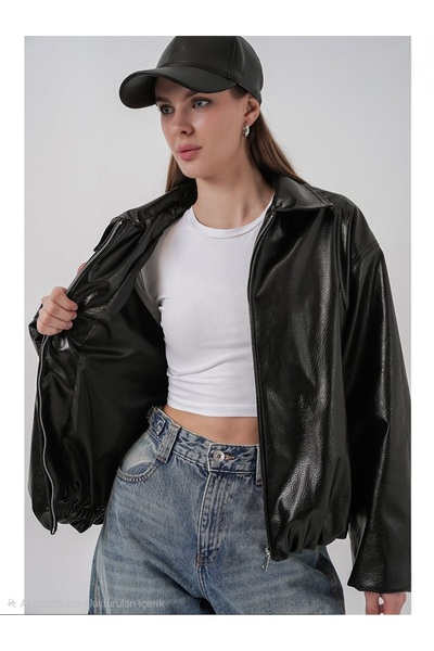 özgülmoda Siyah Deri mont