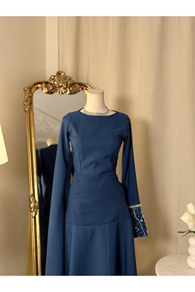 vanus fashion 6064 -فستان بترولي أنيق بتفصيل كم ملكي