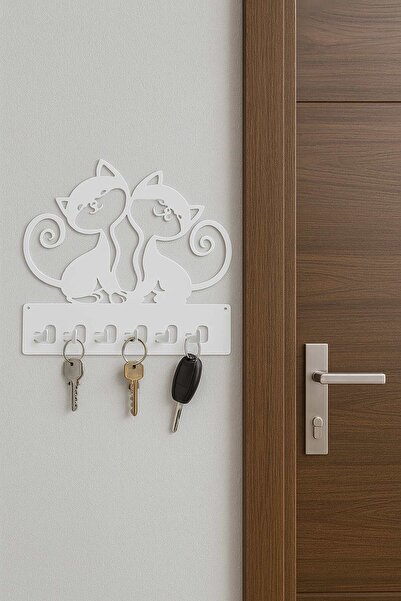 Baykush - Metal Dekoratif Kedi Desenli Anahtarlık Askısı Beyaz