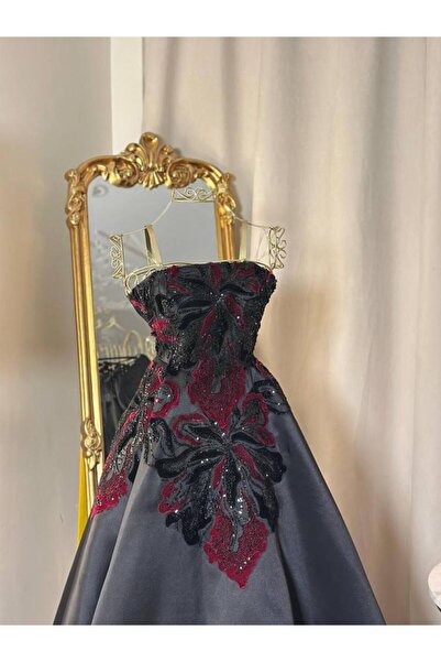 vanus fashion 6166-فستان أسود ملكي بتطريز فخم