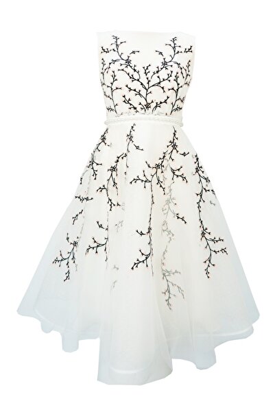 ambar studio Rochie Veronique din tul alb și broderie cu frunze de cireș