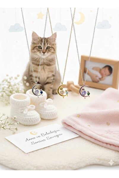 Papatya Silver 925 Ayar Doğum Taşlı Anne Bebek Kedi Kolye.rose.gold.rodaj