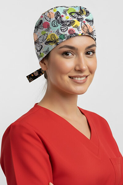 Lion Üniforma Beyaz Kelebek Desenli Cerrahi Bone Unisex – Likralı Doktor Hemş...