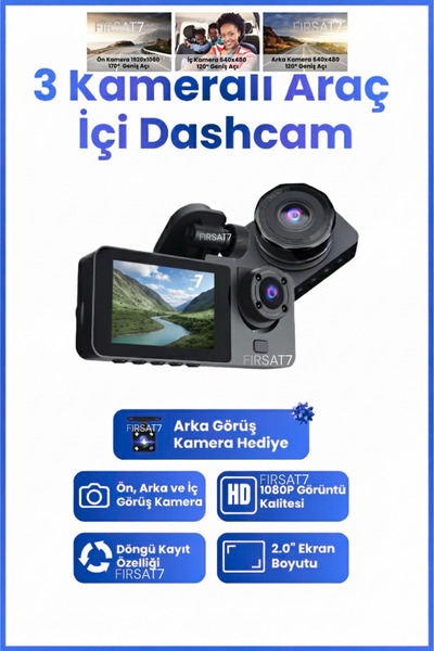 Fırsat7 F15 Oto Araç İçi Hd Kamera 3 Kameralı Wifi Özellikli 1080P Full Hd Ge...