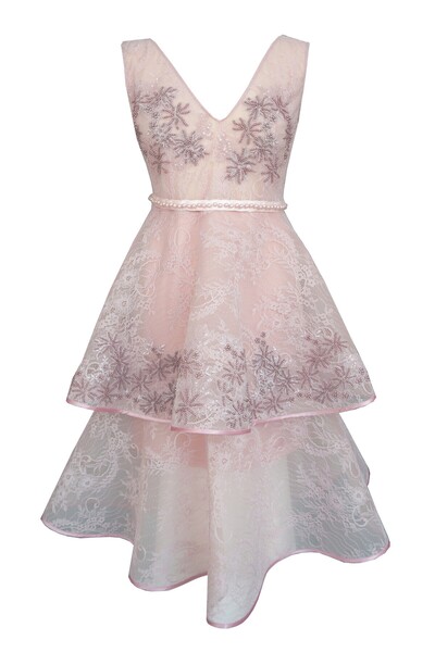 ambar studio Rochie midi Marlene roz pudrat cu dantelă și broderie