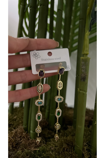STİL NOKTA Steel Y Model Long Earrings with Colored Stones, Hold Color, Does ...