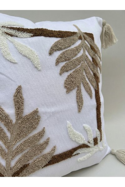 MACASA Bohemian Style Single Punch Embroidered 100% Cotton White Fabric Handmade Tassel Detailed Throw Pillow Cover