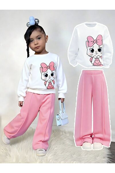 Kids طقم علوي وسفلي من القطن للفتيات مطبوع عليه قطة